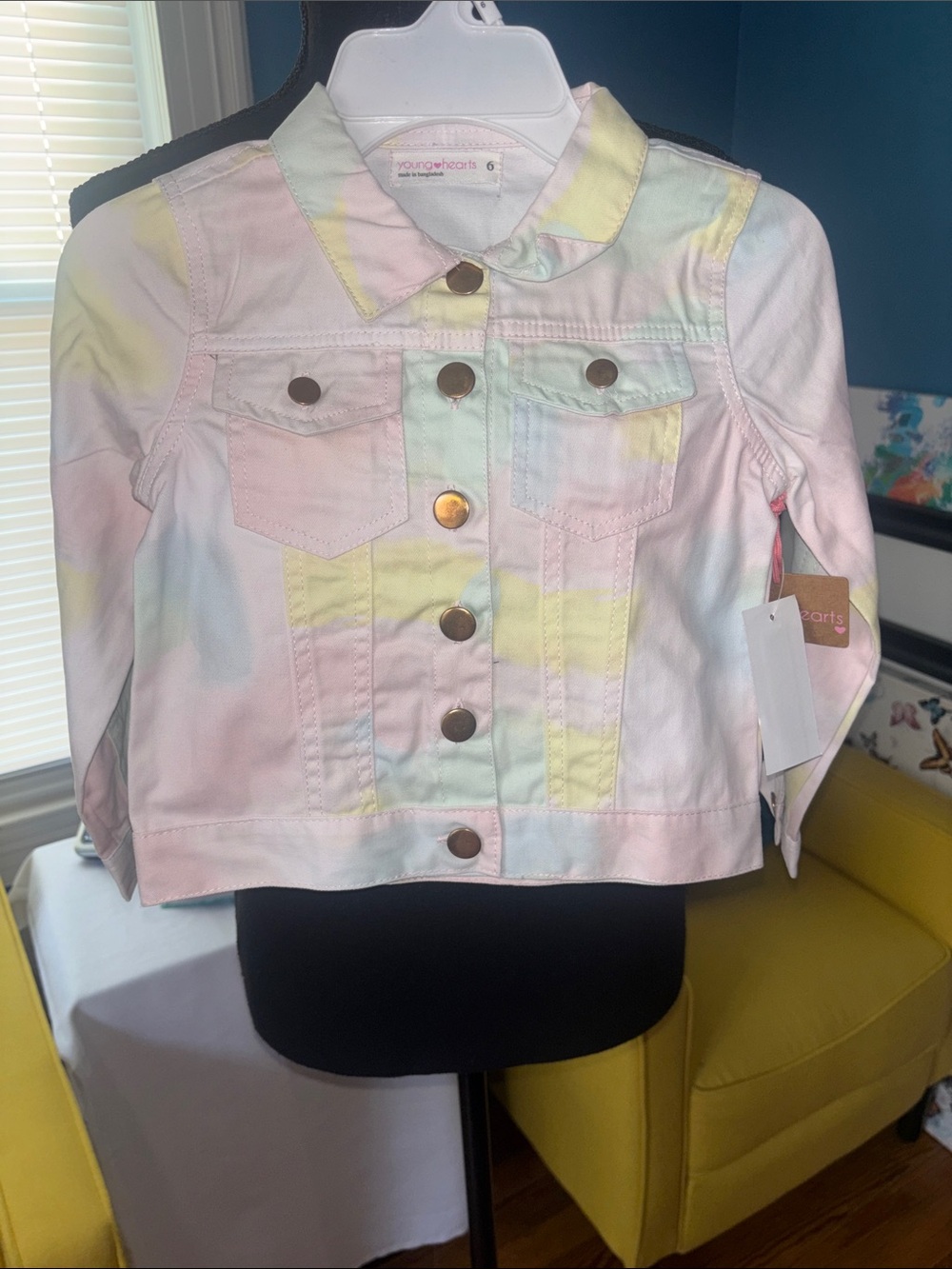 Girls' Pastel Tie-Dye Denim Jacket - Pink/Yellow/Blue size 6